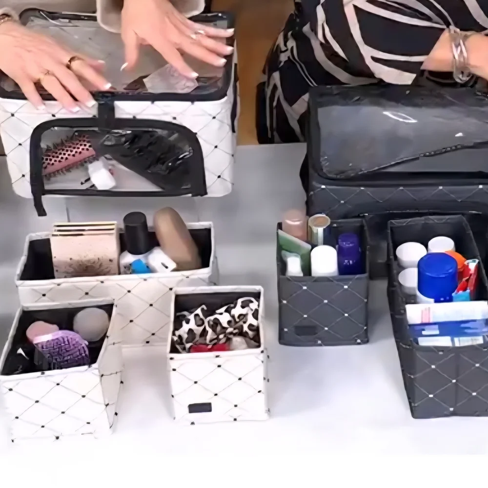 Elegant White Quilted Makeup Organizer Set with Clear Front